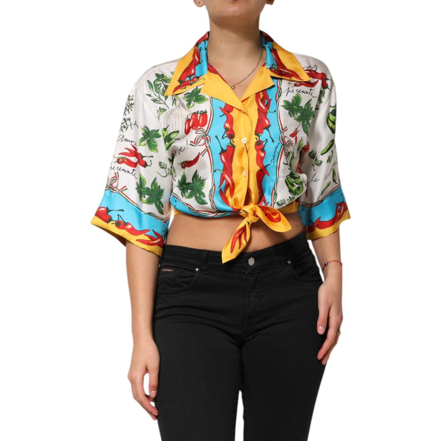 Dolce & Gabbana Multicolor Chili Silk Cropped Blouse Top Dolce & Gabbana