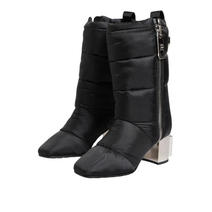 Dolce & Gabbana Black Padded Mid Calf Logo Heel Boots Shoes