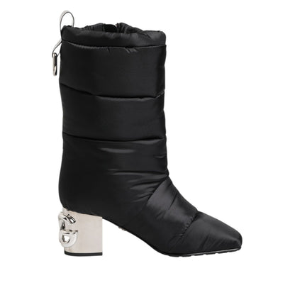 Dolce & Gabbana Black Padded Mid Calf Logo Heel Boots Shoes