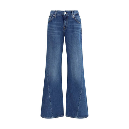 7FOR Blue Cotton Flared Jeans with five-pocket design, dark blue denim, shading, and zip closure.