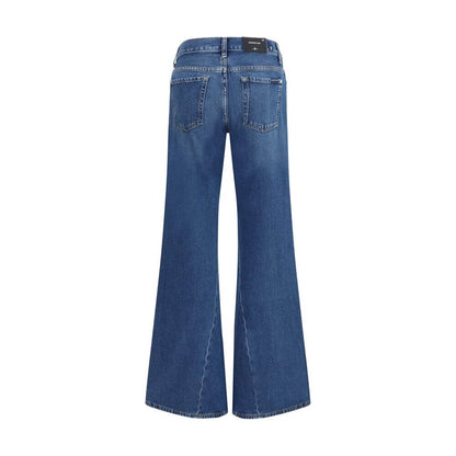 Back view of 7FOR Blue Cotton Flared Jeans with five-pocket design and slight flare, featuring dark blue denim and light shading.