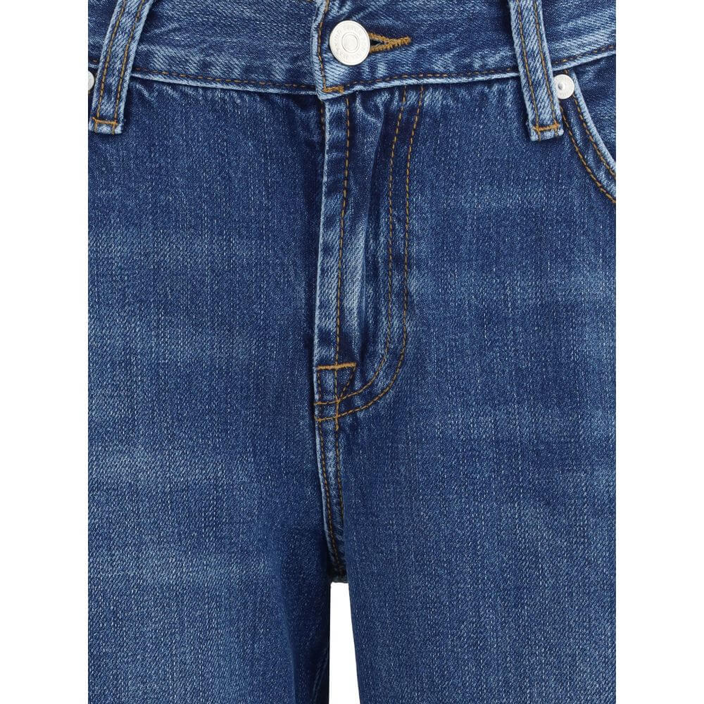 7FOR Blue Cotton Flared Jeans with five-pocket design and visible zip-and-button closure, featuring whiskers and shading on dark blue denim.