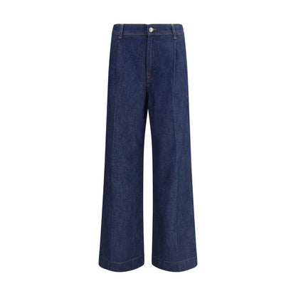 7FOR Blue Modal Jeans Denim with high waist, wide legs, and pleated details for a sophisticated look.