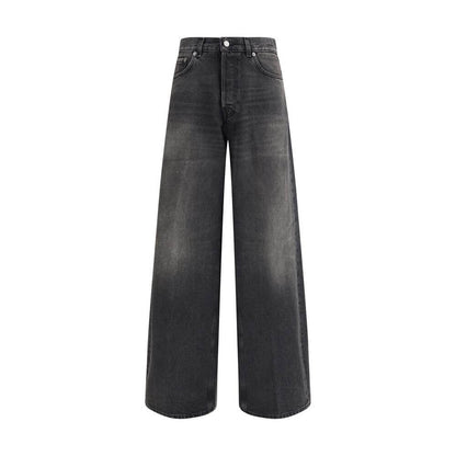Haikure Black Cotton Relaxed Fit Jeans with wide legs and logoed leather patch, showcasing Italian craftsmanship and style.