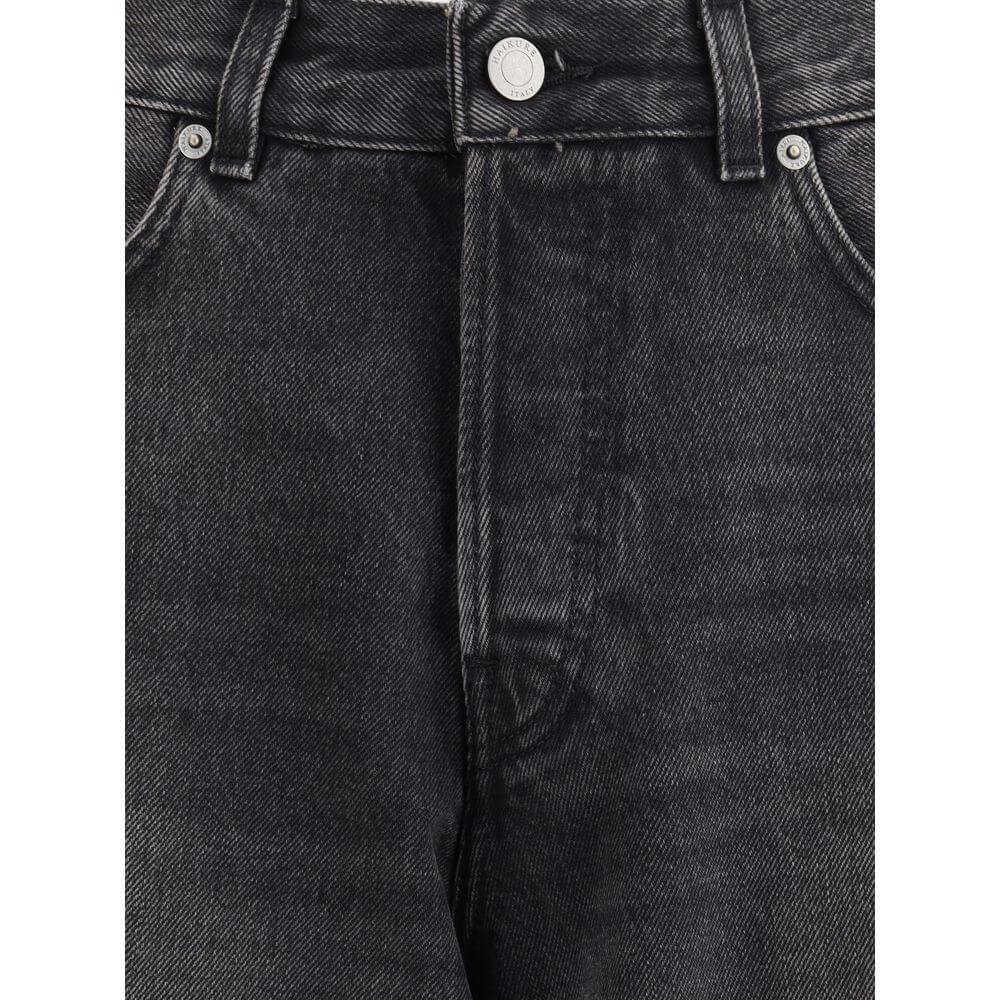 Haikure Black Cotton Relaxed Fit Jeans with button closure and five-pocket design, showing wide leg style and quality Italian craftsmanship.