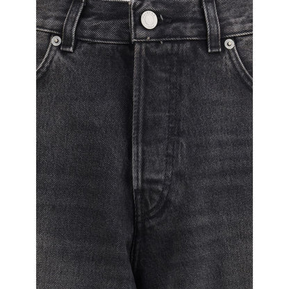 Haikure Black Cotton Relaxed Fit Jeans with button closure and five-pocket design, showing wide leg style and quality Italian craftsmanship.