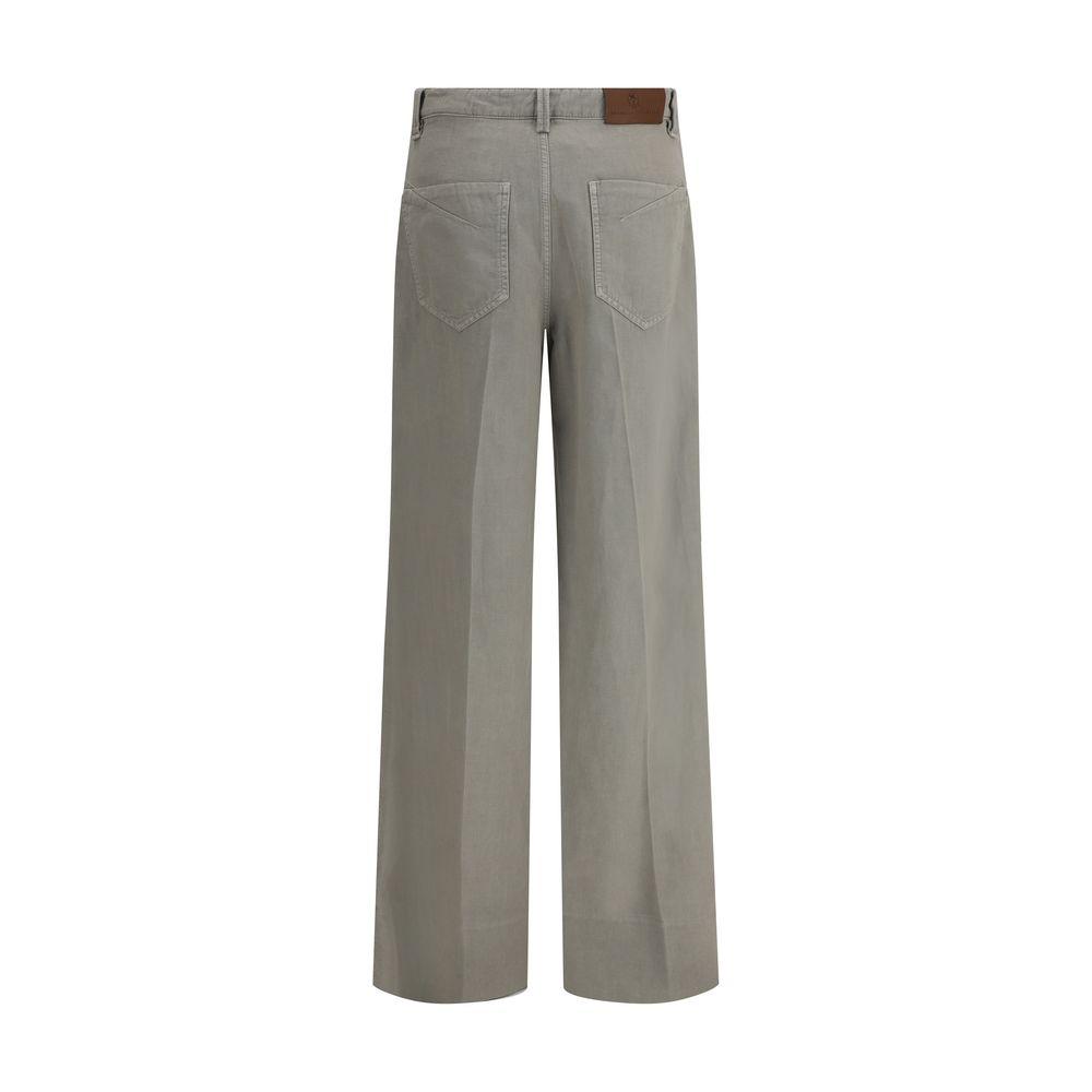 Brunello Cucinelli Bicolor Cotton Relaxed Fit Jeans back view with patch and wide-leg design