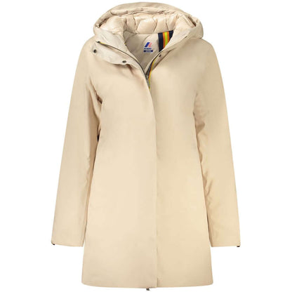K-WAY Beige Polyester Jackets & Coat, long sleeve trench coat with hood, padded, 2 external and 3 internal pockets, zip and buttons.