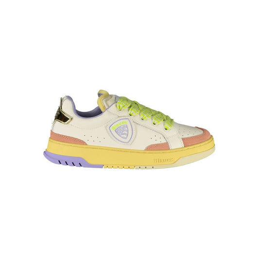 Alt Tag: Blauer White Leather Women Sneaker with cream, antique pink, and wisteria accents, featuring a removable insole and Blauer logo.
