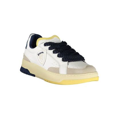 Blauer White Leather Men Sneaker with blue accents and removable insole, featuring Blauer logo for quality.