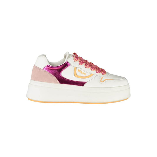 Blauer White Leather Women Sneaker with pink accents and versatile contrasting laces, featuring a removable insole and iconic logo.