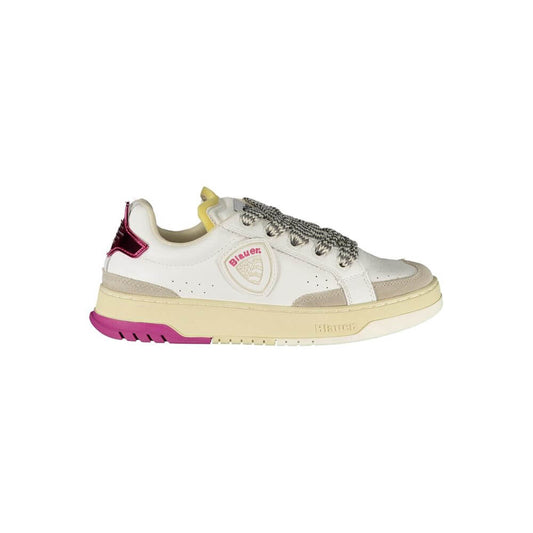 Blauer White Leather Women Sneaker with grey and fuchsia accents and bold Blauer logo, featuring a removable insole for comfort.