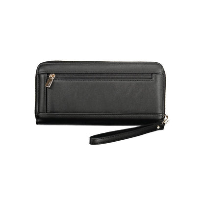 Guess Jeans Black Polyethylene Women Wallet with zipper and wrist strap, showcasing sleek design and multiple compartments for convenience.