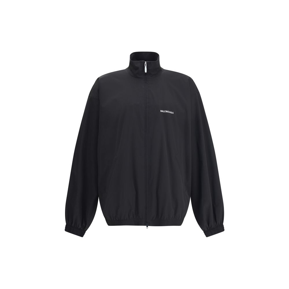 Balenciaga Black Polyester Shell Jacket with sporty aesthetic, high collar, and contrasting embroidery.