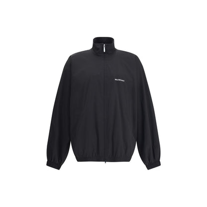 Balenciaga Black Polyester Shell Jacket with sporty aesthetic, high collar, and contrasting embroidery.