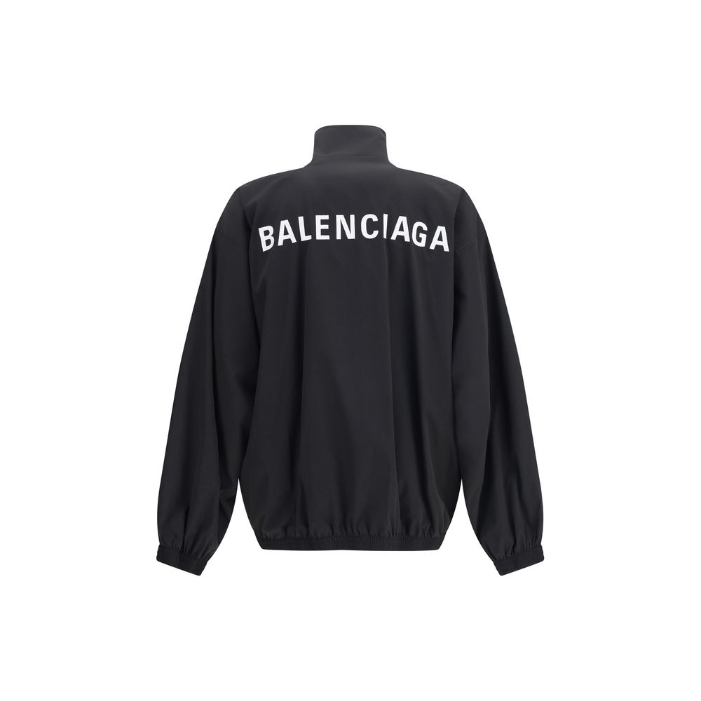 Balenciaga Black Polyester Shell Jacket with logo embroidery on back, featuring oversized sporty design and durable fabric.