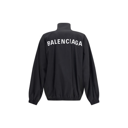 Balenciaga Black Polyester Shell Jacket with logo embroidery on back, featuring oversized sporty design and durable fabric.