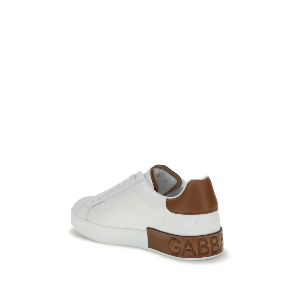 Dolce & Gabbana White Calf Leather Bos Taurus Low Top Sneakers with brown heel detail and logo stripe, rear view.