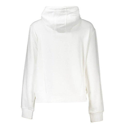 Back view of Cavalli Class White Cotton Sweater with hood and long sleeves, featuring brushed fabric and logo print design.
