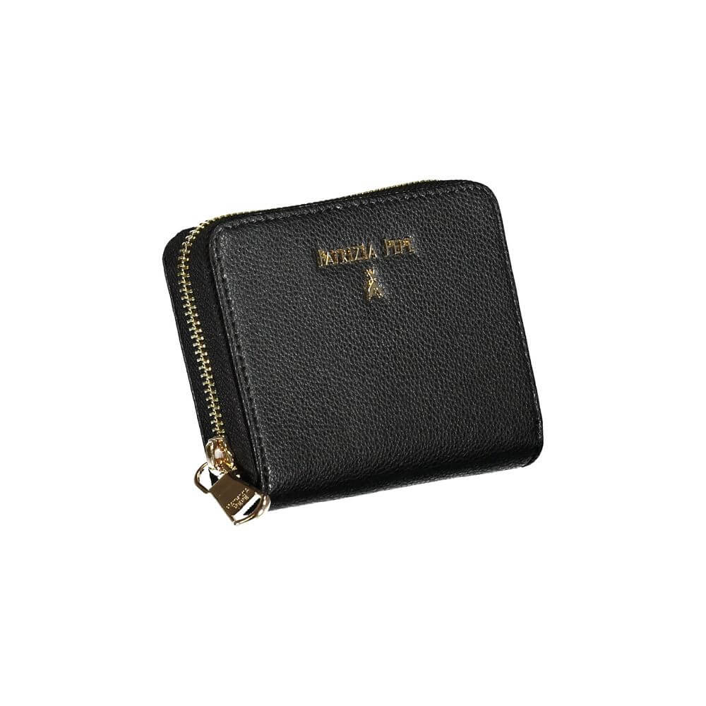 Patrizia Pepe Black Leather Wallet featuring two compartments, coin purse, card spaces, gold zip closure, and logo detail.