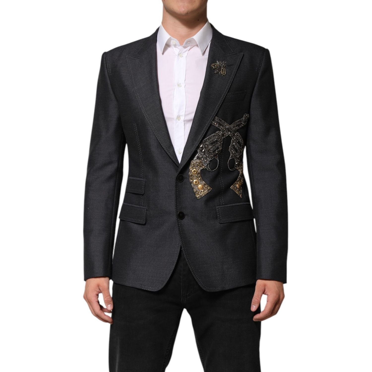 Dolce & Gabbana Dark Gray Bee Embroidery Wool Coat Blazer