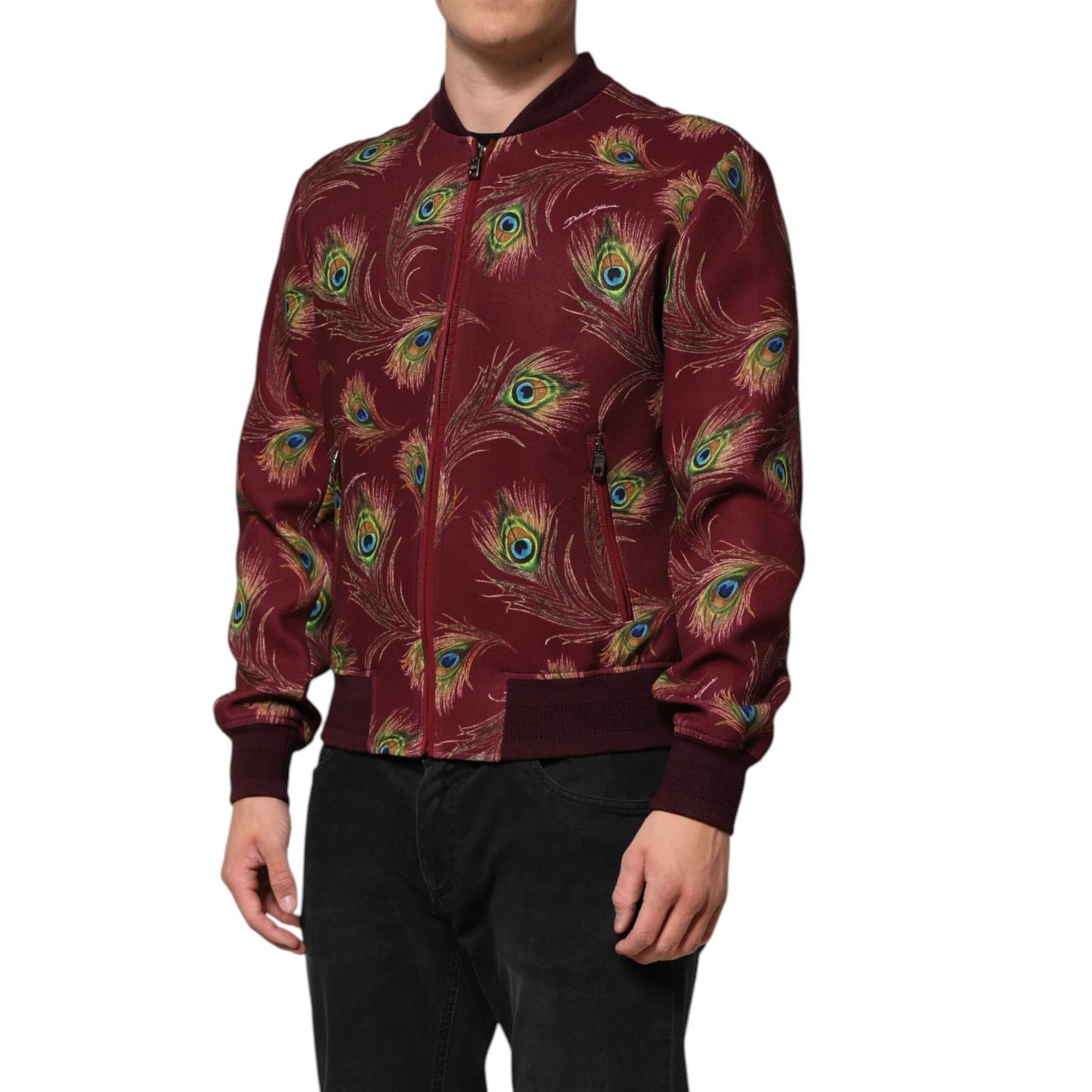 Dolce & Gabbana Maroon Peacock Feather Print Bomber Jacket