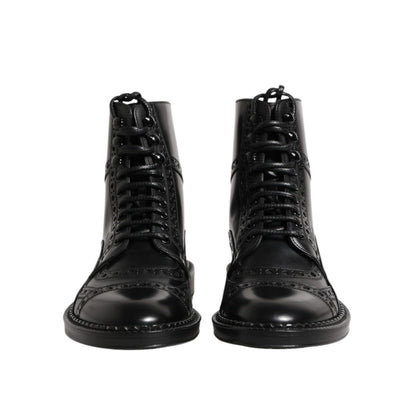 Dolce & Gabbana Black Leather Lace Up Mid Calf Boots Shoes