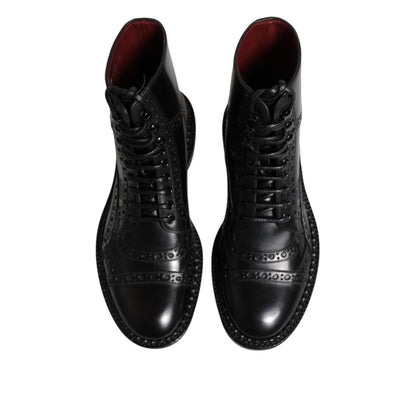 Dolce & Gabbana Black Leather Lace Up Mid Calf Boots Shoes