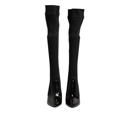 Dolce & Gabbana Black Leather Ribbed Knit Knee Boots Shoes