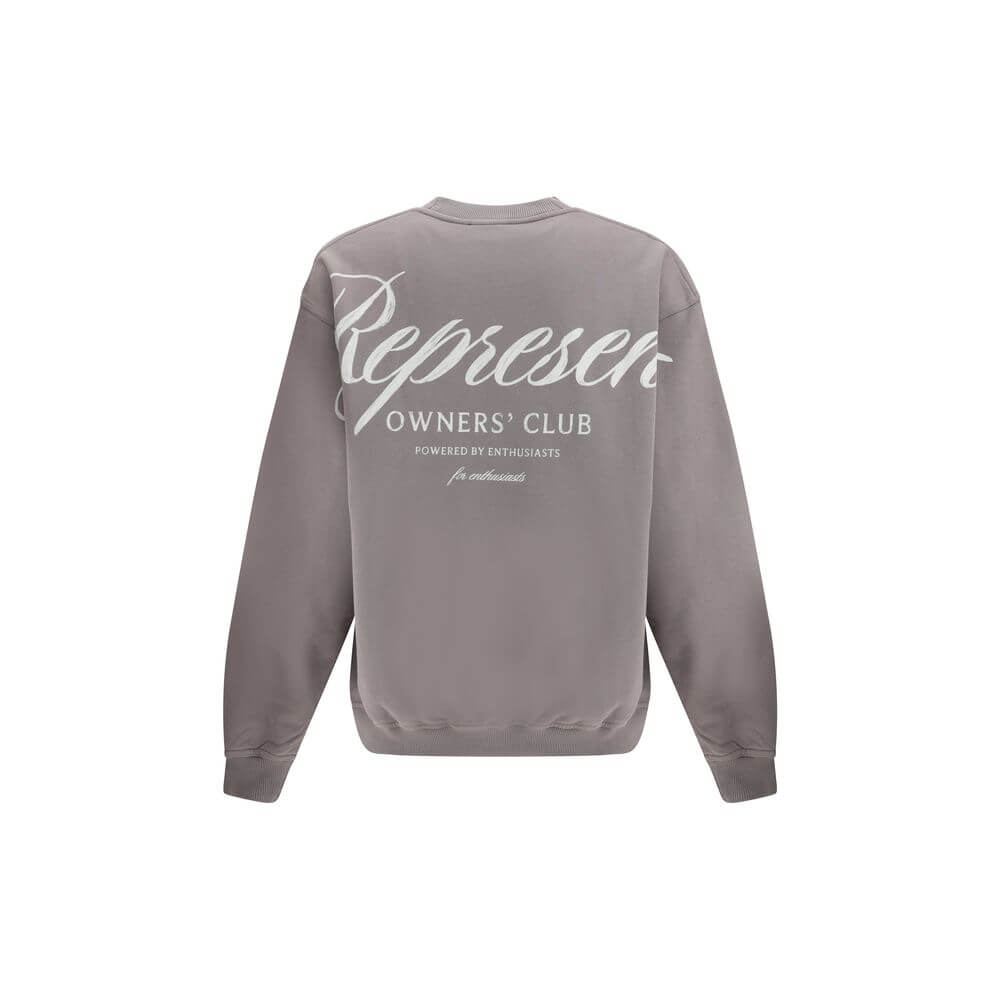 Back view of Represent Gray Cotton Sweatshirt with bold logo print, ribbed hem, crew neck, perfect for urban casual style, AW25 collection.