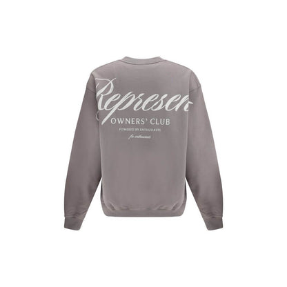 Back view of Represent Gray Cotton Sweatshirt with bold logo print, ribbed hem, crew neck, perfect for urban casual style, AW25 collection.