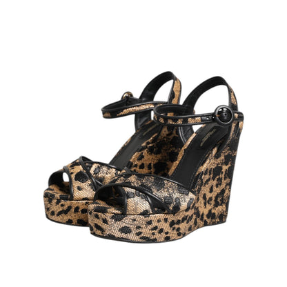 Dolce & Gabbana Brown Leopard Wedges Ankle Strap Sandals Shoes Dolce & Gabbana