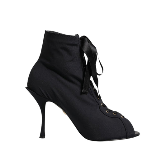 Dolce & Gabbana Black Stiletto Heels Lace Up Boots Shoes