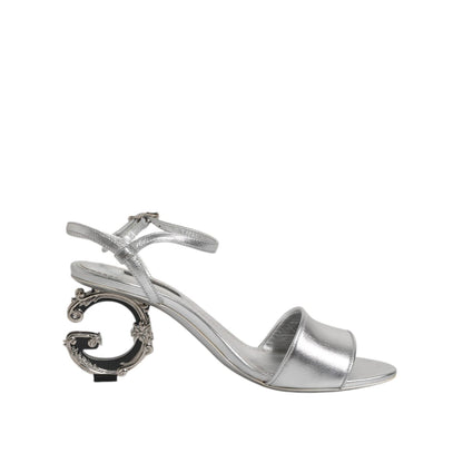 Dolce & Gabbana Silver Leather DG Heels Keira Sandals Shoes