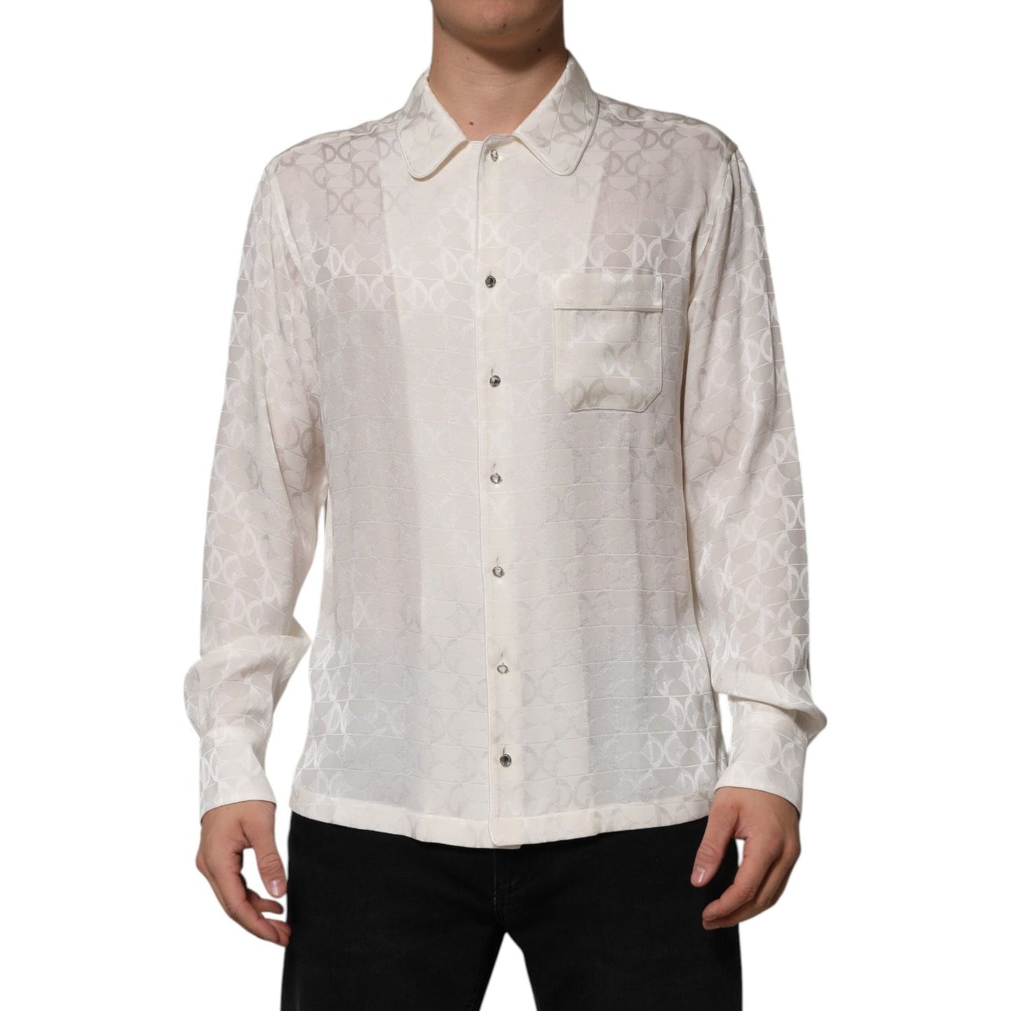 Dolce & Gabbana White Silk DG Logo Print Long Sleeves Shirt TSH90639-39