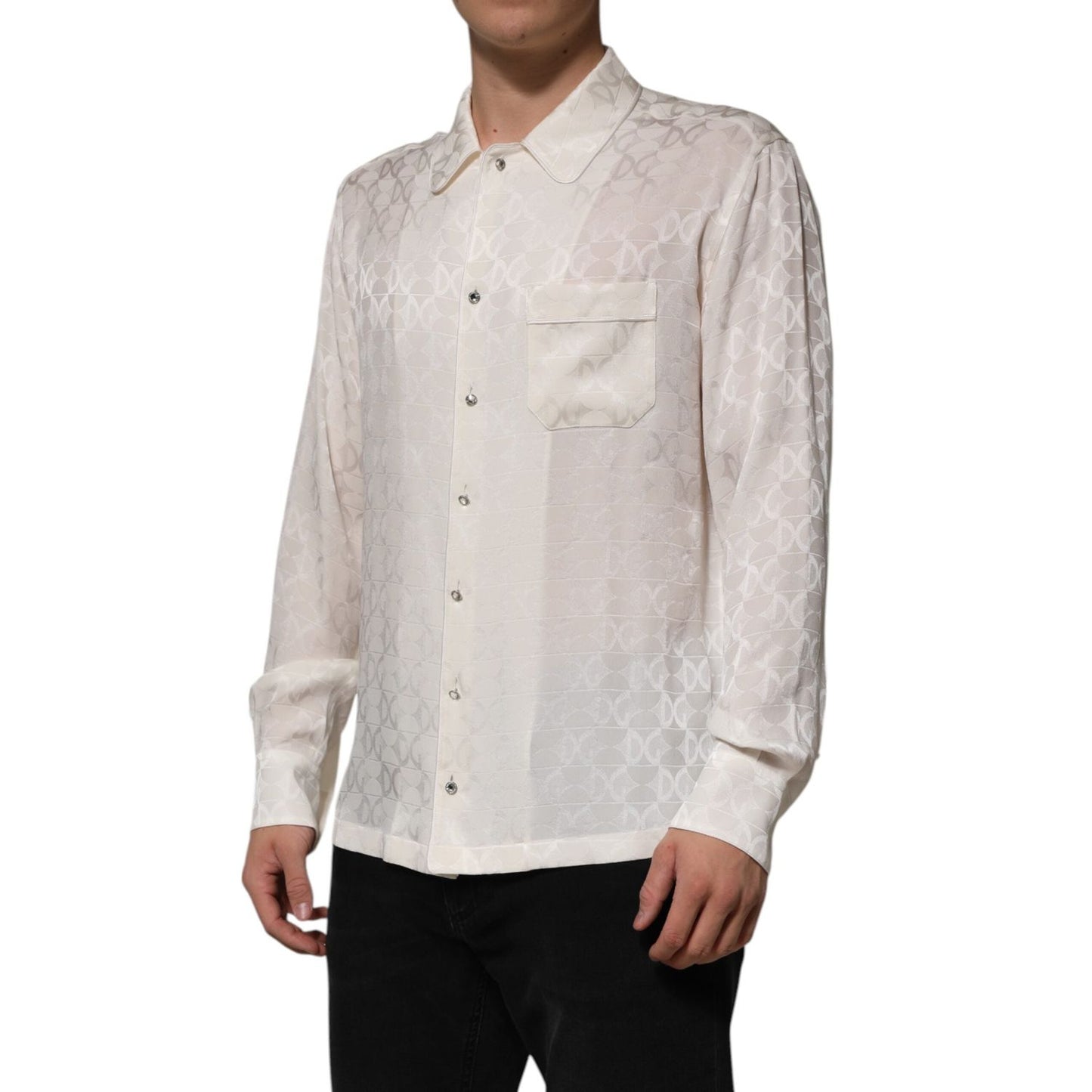 Dolce & Gabbana White Silk DG Logo Print Long Sleeves Shirt TSH90639-39