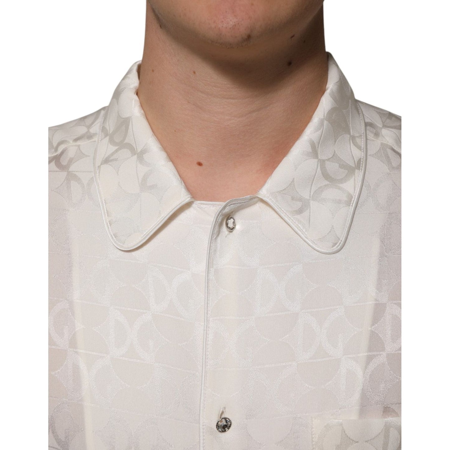 Dolce & Gabbana White Silk DG Logo Print Long Sleeves Shirt TSH90639-39