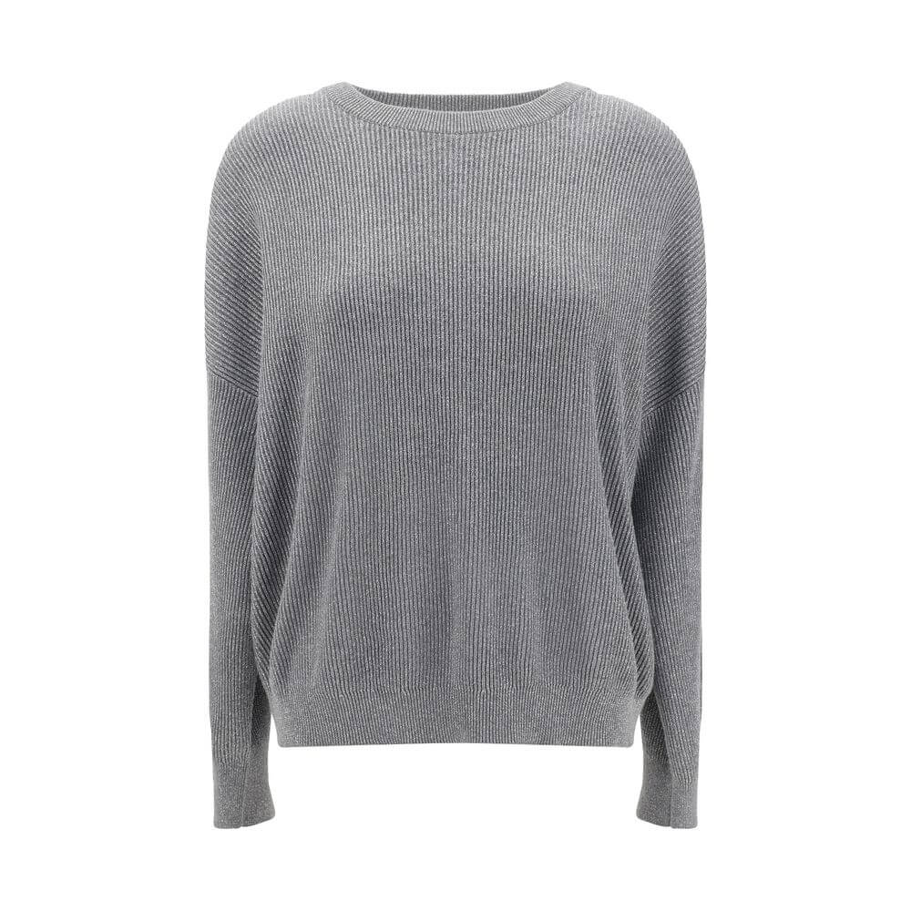 Brunello Cucinelli Gray Cotton Sweatshirt with ribbed crew neck and silver-thread details, elegant for AW25 season.