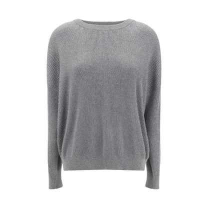 Brunello Cucinelli Gray Cotton Sweatshirt with ribbed crew neck and silver-thread details, elegant for AW25 season.