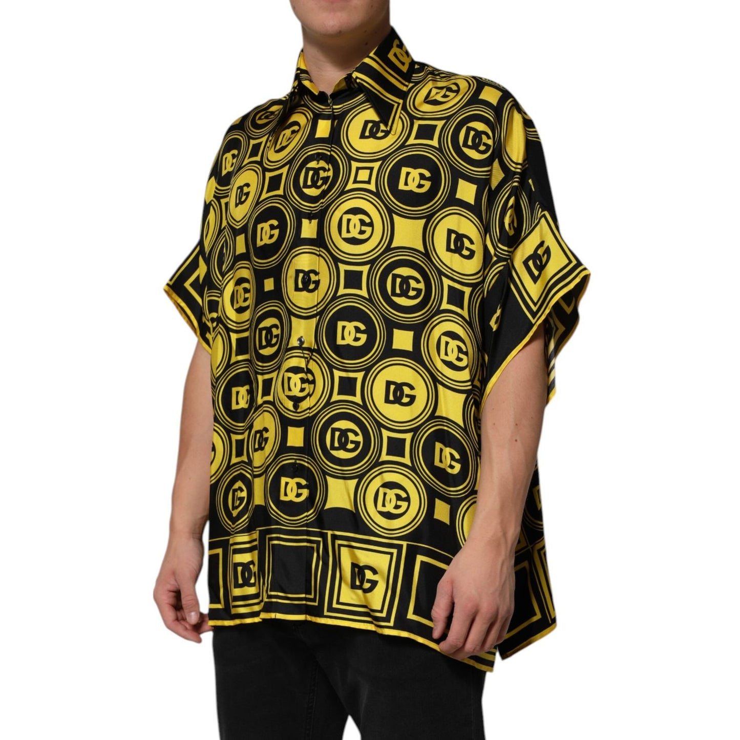 Dolce & Gabbana Yellow Silk Silver DG Logo Geometric T-shirt TSH90637-XS