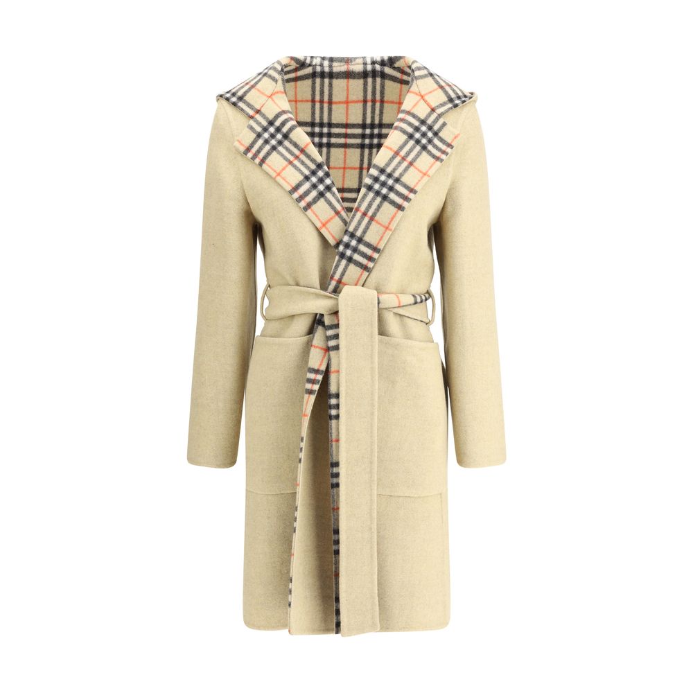Burberry Beige Wool Coat with reversible design featuring iconic Burberry Check pattern, hood, and belt for a stylish and practical look.