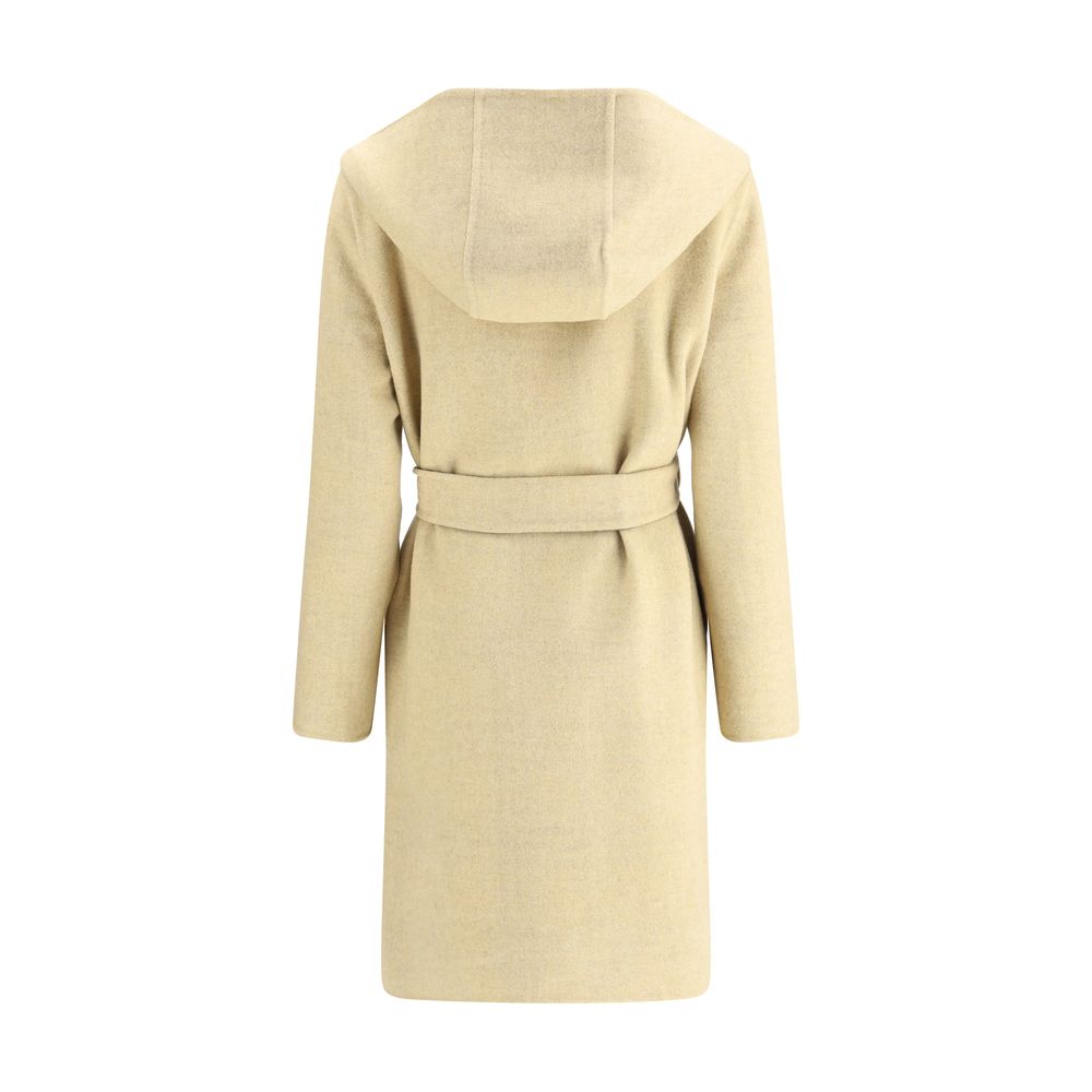 Back view of Burberry Beige Wool Coat with hood and belt, showcasing elegant design and practical features.