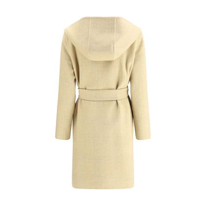 Back view of Burberry Beige Wool Coat with hood and belt, showcasing elegant design and practical features.
