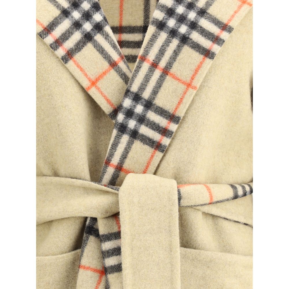 Close-up of Burberry Beige Wool Coat showing reversible design with iconic Burberry Check pattern and detachable belt.