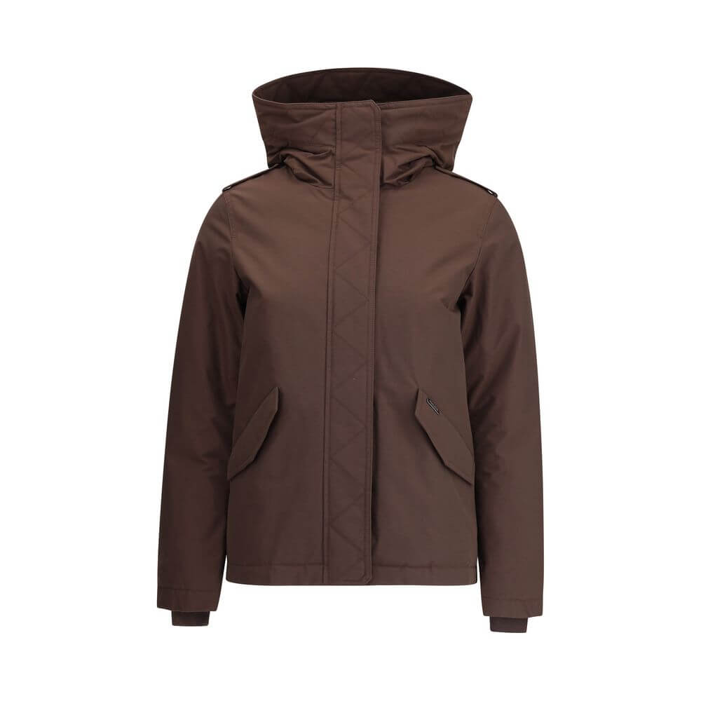 Woolrich Brown Cotton Full-Length Jacket featuring a hooded design, double-slider zipper, and front welt pockets for Autumn-Winter 2025 season.