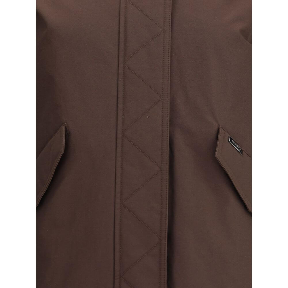 Close-up of Woolrich Brown Cotton Full-Length Jacket showing front design and pockets, ideal for winter wear.