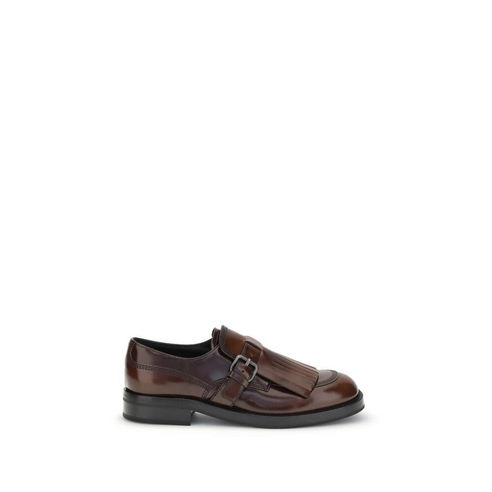Church's Brown Calf Leather Bos Taurus Oxfords And Derbies with buckle and fringe, block heel, and round toe, classic design.