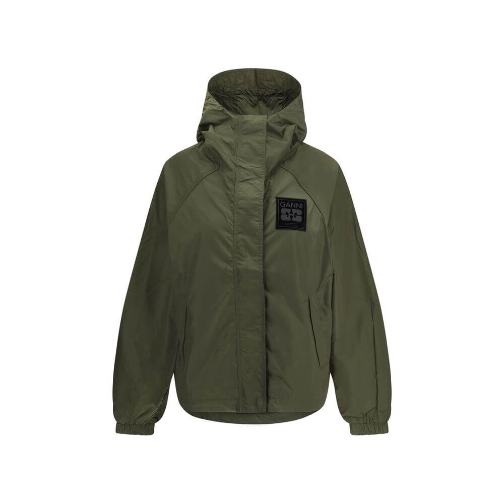 Ganni Green Nylon Shell Jacket with hood, front zipper, and GANNI logo patch; perfect for all-weather style and functionality.
