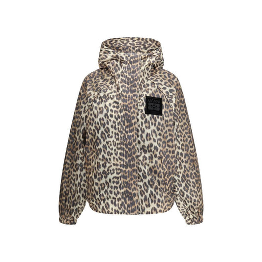 Ganni Multicolor Nylon Rain Coat with leopard print, hood, zipper closure, side pockets, and GANNI logo patch, ideal for urban style.