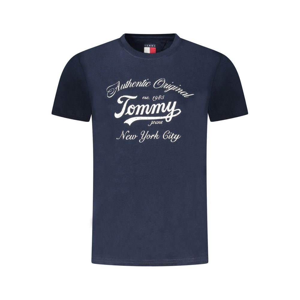 Tommy Hilfiger Blue Cotton Women T-Shirt with logo print, crew neck, and short sleeves, made from cotton and recycled viscose.